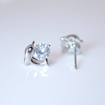 Cubic Zirconia Silver Dainty Dolphin stud Earrings, Bridal Jewelry, Bridal Stud Earrings, Crystal Bridal Earrings, Statement Earrings Cz